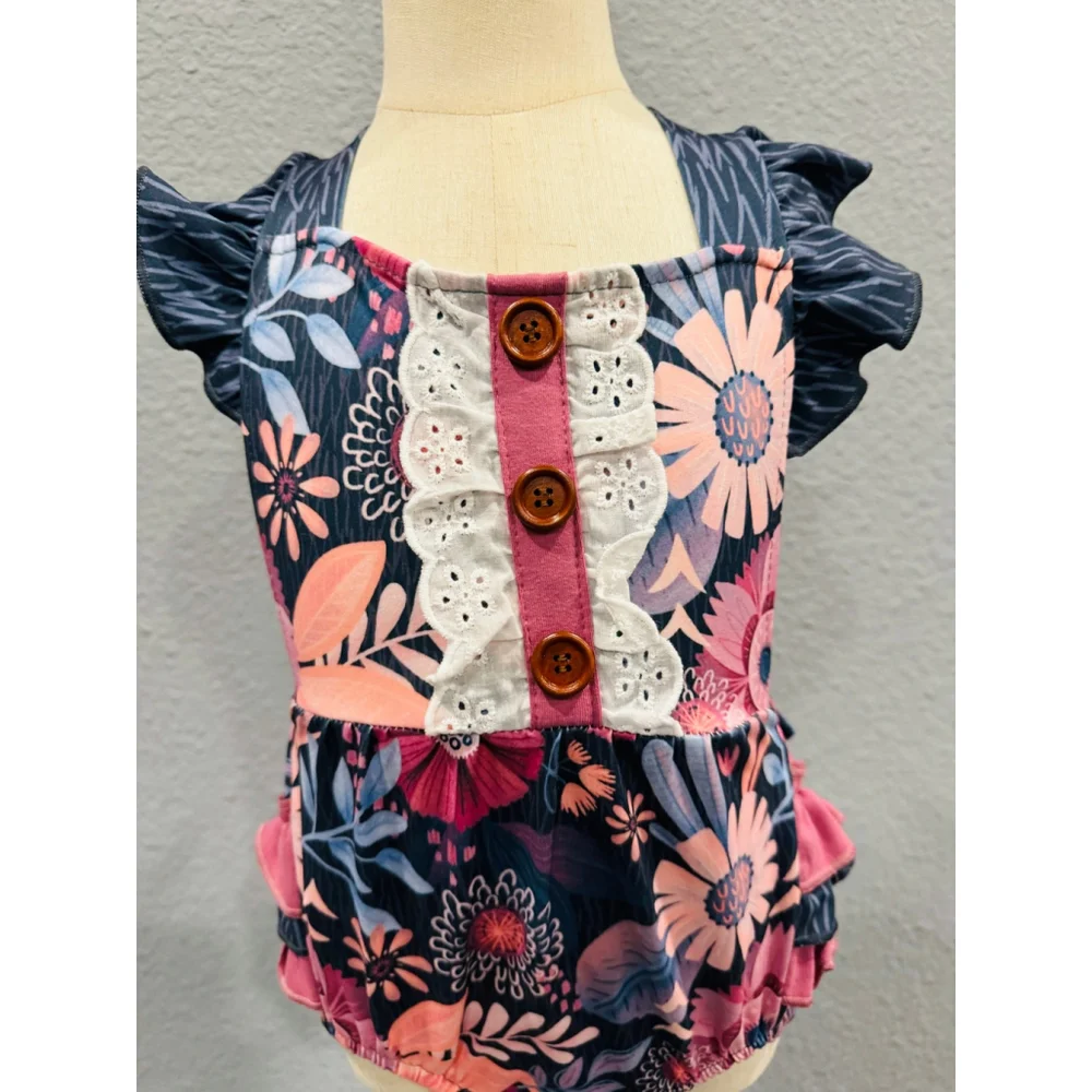 Wellington Designs Girls Purple Tropical Bubble Romper, Sz 18/24 NWT